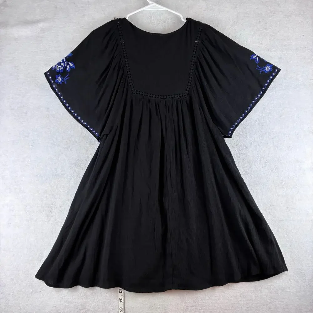 Blue Rain Boho Tunic Dress Womens Oversized XS Black Blue Floral Cottage Peasant